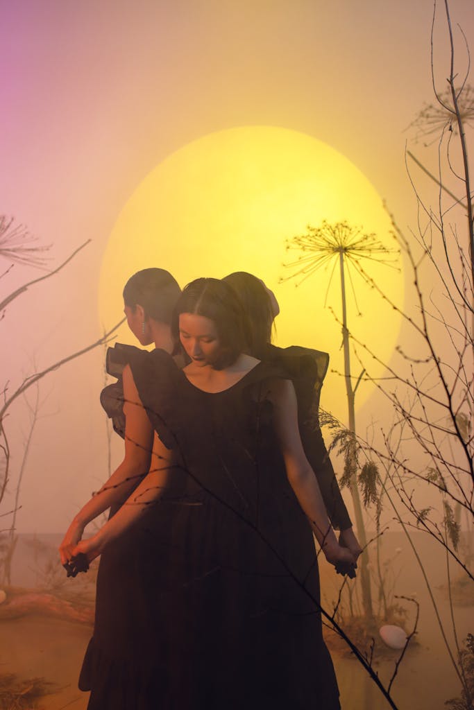 Three women in black dresses holding hands under a full moon in a conceptual setting.